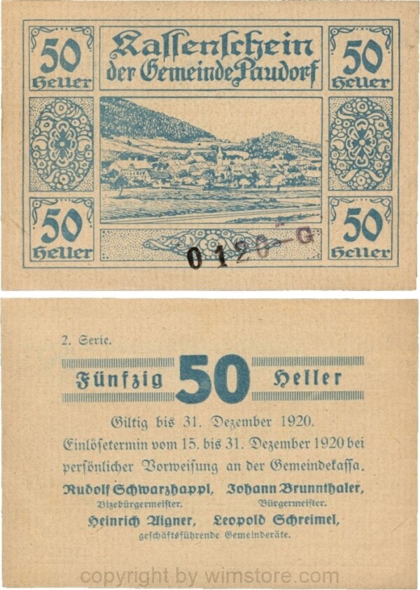 Paudorf, G0724hG, Gemeinde, 50 Heller, 2. Serie, Buchstabe G und Nummern; 1