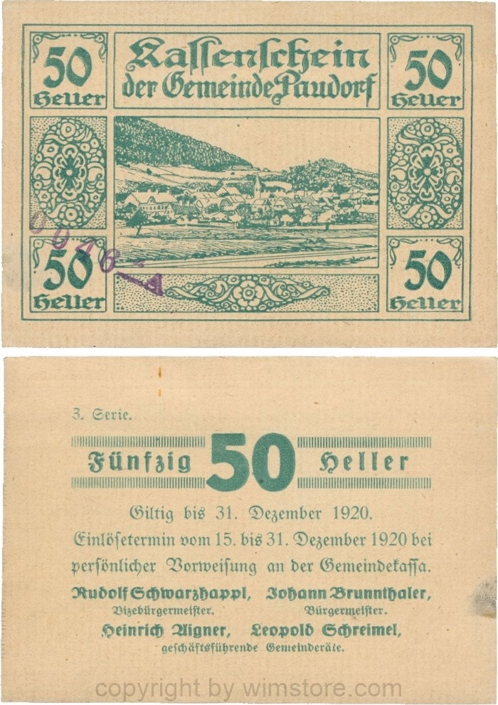 Paudorf, G0724iA, Gemeinde, 50 Heller, 3. Serie, Buchstabe A und Nummern; 1-