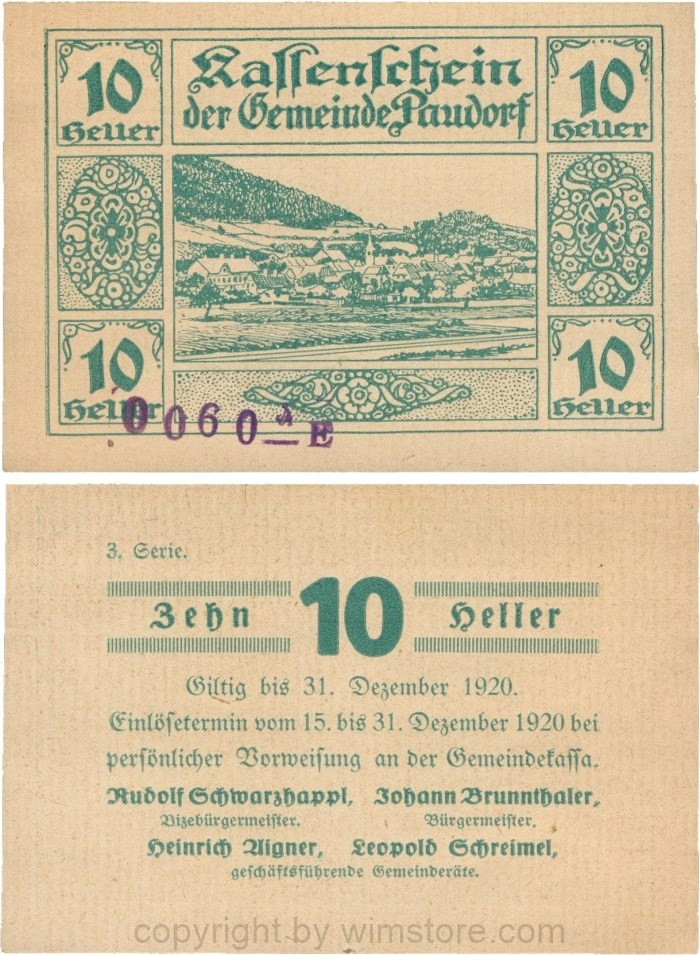 Paudorf, G0724iE, Gemeinde, Gemeinde, 10 Heller, 3. Serie, Buchstabe E und Nummern; 1-