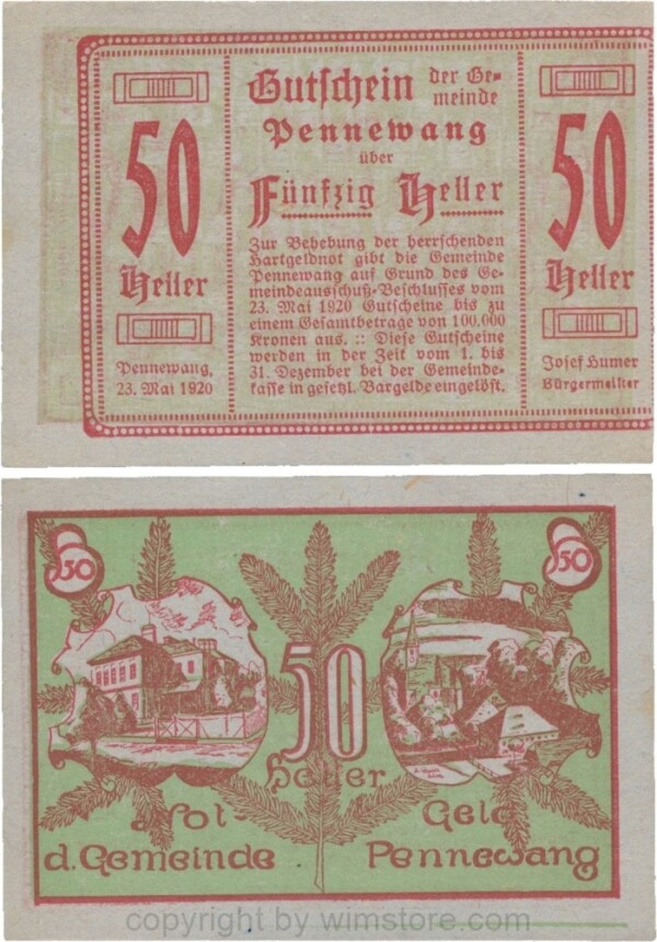 Pennewang, G0727a, Gemeinde, 50 Heller, Papier blau, Druck verschoben; 1-