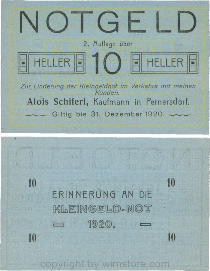 Pernersdorf, P0733IIa, Alois Schiferl, Kaufmann, das "d" in Pernersdorf ist breit, 10 Heller; 1
