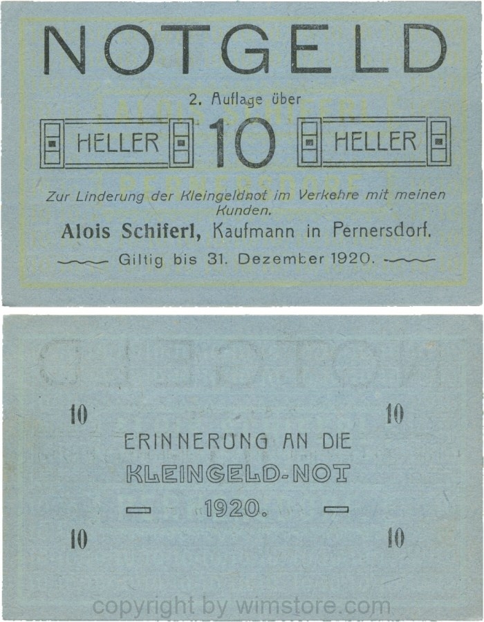 Pernersdorf, P0733IIa, Alois Schiferl, Kaufmann, das "d" in Pernersdorf ist breit, 10 Heller; 1