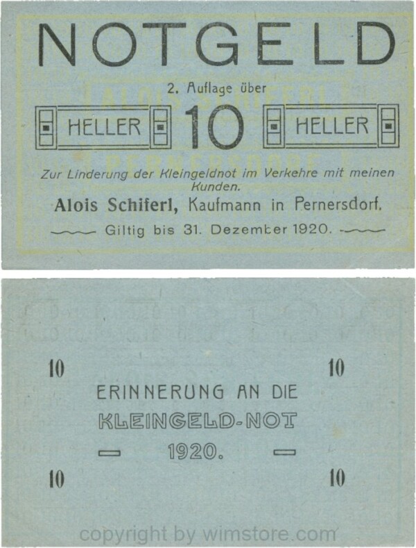 Pernersdorf, P0733IIa, Alois Schiferl, Kaufmann, das "d" in Pernersdorf ist breit, 10 Heller; 1-