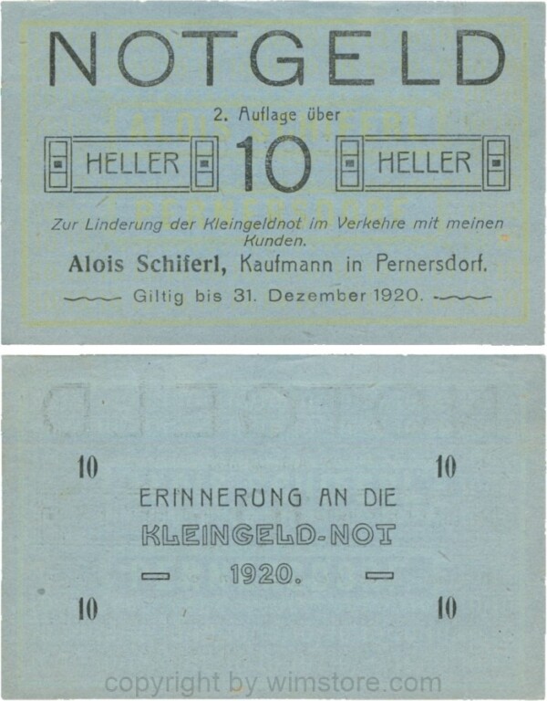 Pernersdorf, P0733IIa, Alois Schiferl, Kaufmann, das "d" in Pernersdorf ist breit, 10 Heller; 1-