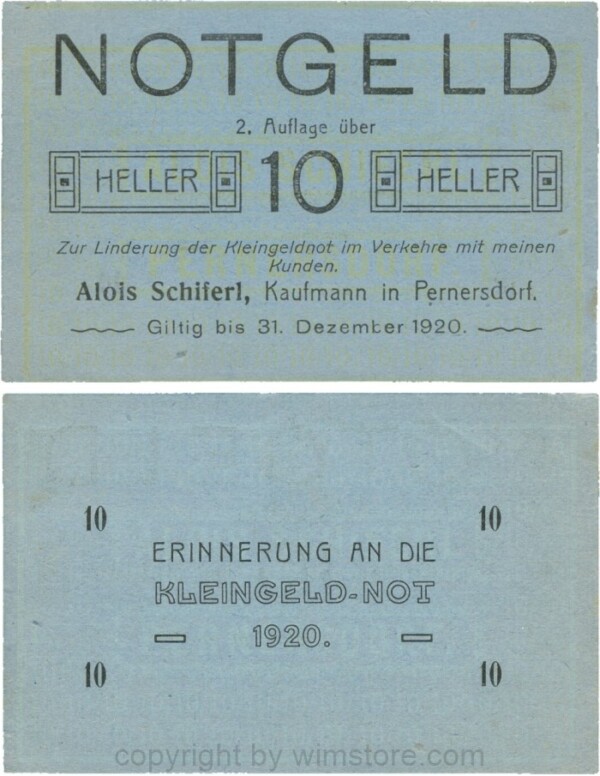 Pernersdorf, P0733IIa, Alois Schiferl, Kaufmann, das "d" in Pernersdorf ist breit, 10 Heller; 2