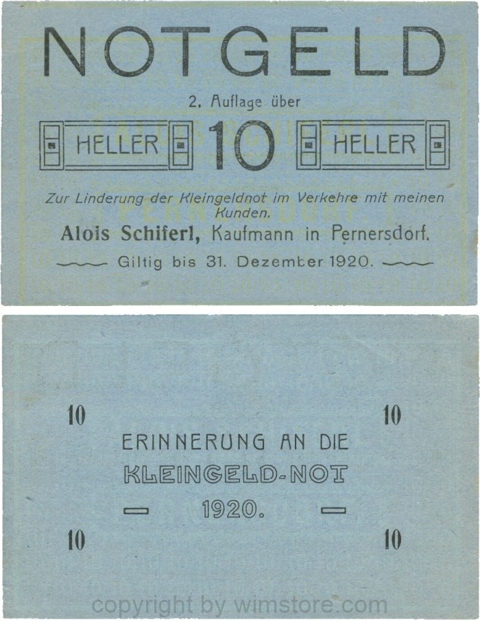 Pernersdorf, P0733IIa, Alois Schiferl, Kaufmann, das "d" in Pernersdorf ist breit, 10 Heller; 2