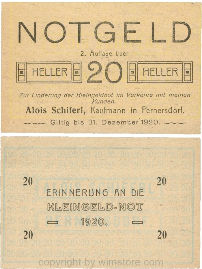 Pernersdorf, P0733IIa, Alois Schiferl, Kaufmann, das "d" in Pernersdorf ist breit, 20 Heller; 1-
