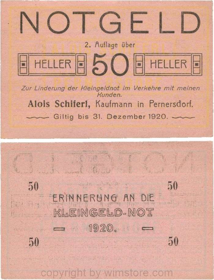 Pernersdorf, P0733IIa, Alois Schiferl, Kaufmann, das "d" in Pernersdorf ist breit, 50 Heller; 1-