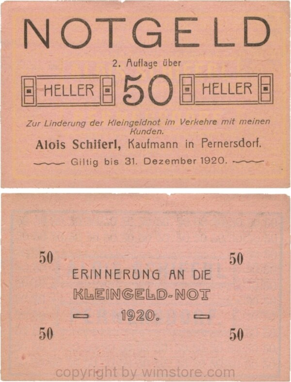 Pernersdorf, P0733IIa, Alois Schiferl, Kaufmann, das "d" in Pernersdorf ist breit, 50 Heller; 2