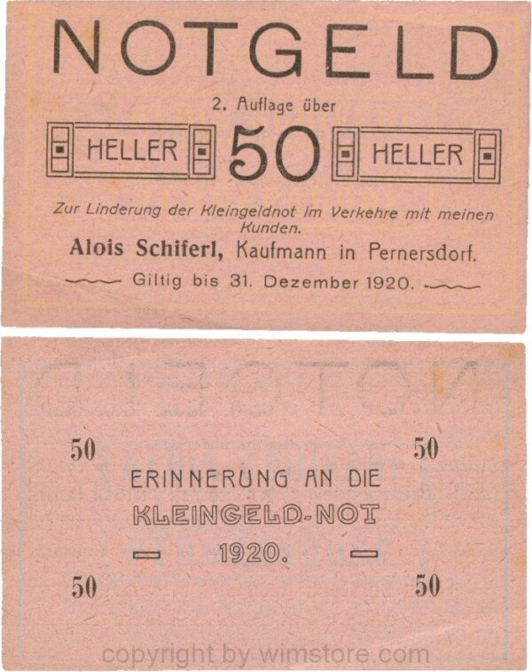 Pernersdorf, P0733IIa, Alois Schiferl, Kaufmann, das "d" in Pernersdorf ist breit, 50 Heller; 2