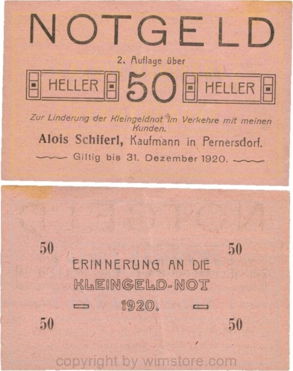 Pernersdorf, P0733IIa, Alois Schiferl, Kaufmann, das "d" in Pernersdorf ist breit, 50 Heller; 3