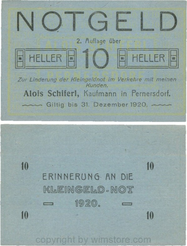 Pernersdorf, P0733IIb, Alois Schiferl, Kaufmann, das "d" in Pernersdorf ist schmal, 10 Heller; 1