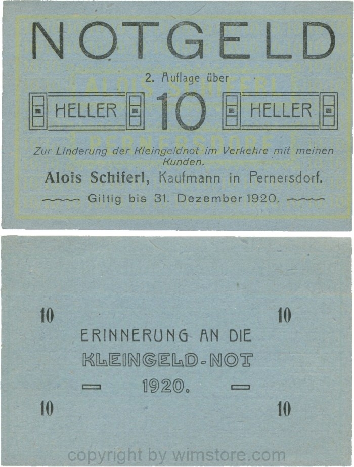 Pernersdorf, P0733IIb, Alois Schiferl, Kaufmann, das "d" in Pernersdorf ist schmal, 10 Heller; 1