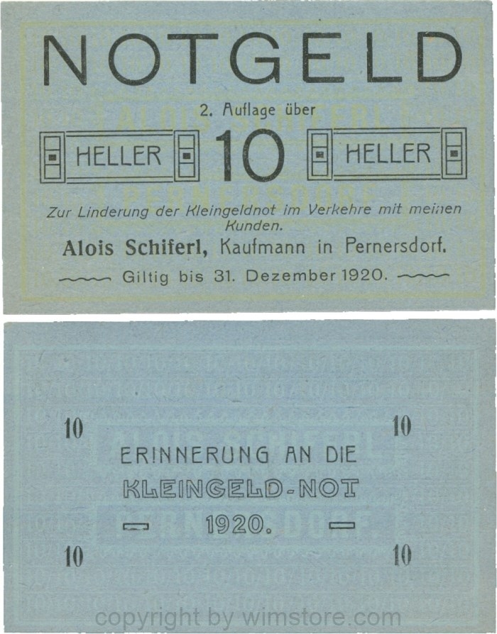 Pernersdorf, P0733IIb, Alois Schiferl, Kaufmann, das "d" in Pernersdorf ist schmal, 10 Heller; 1