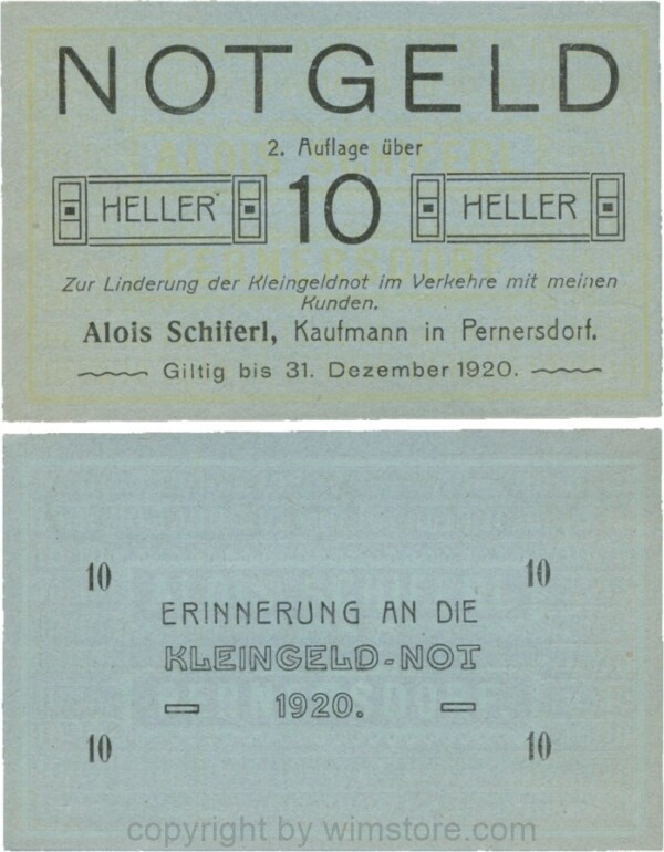 Pernersdorf, P0733IIb, Alois Schiferl, Kaufmann, das "d" in Pernersdorf ist schmal, 10 Heller; 1