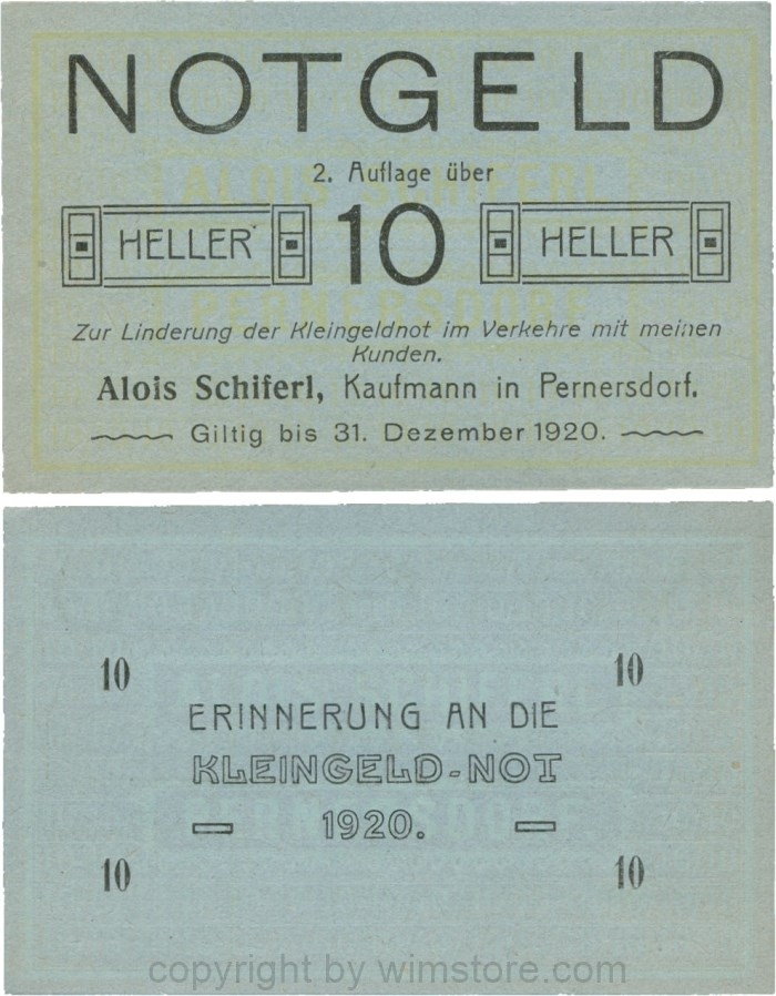 Pernersdorf, P0733IIb, Alois Schiferl, Kaufmann, das "d" in Pernersdorf ist schmal, 10 Heller; 1