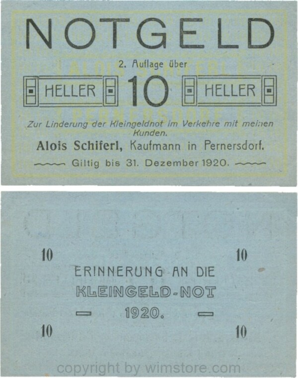 Pernersdorf, P0733IIb, Alois Schiferl, Kaufmann, das "d" in Pernersdorf ist schmal, 10 Heller; 1-