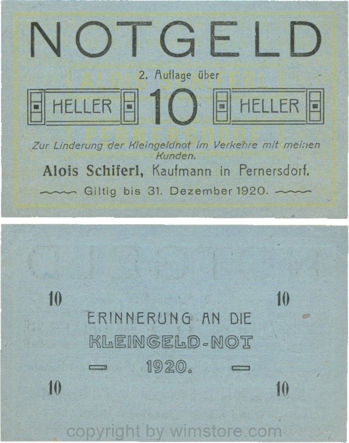 Pernersdorf, P0733IIb, Alois Schiferl, Kaufmann, das "d" in Pernersdorf ist schmal, 10 Heller; 1-