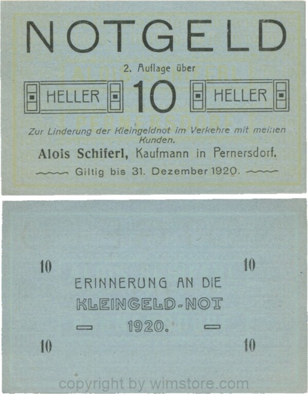 Pernersdorf, P0733IIb, Alois Schiferl, Kaufmann, das "d" in Pernersdorf ist schmal, 10 Heller; 1-