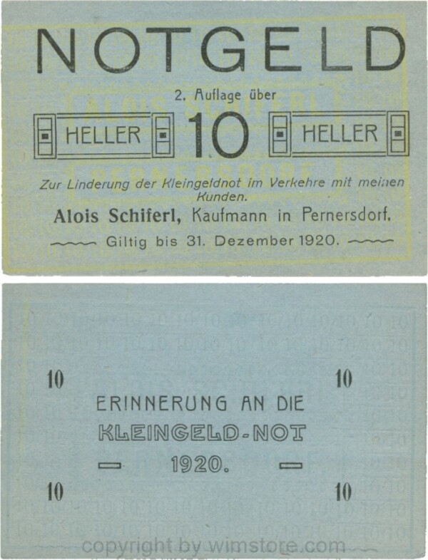 Pernersdorf, P0733IIb, Alois Schiferl, Kaufmann, das "d" in Pernersdorf ist schmal, 10 Heller; 1-