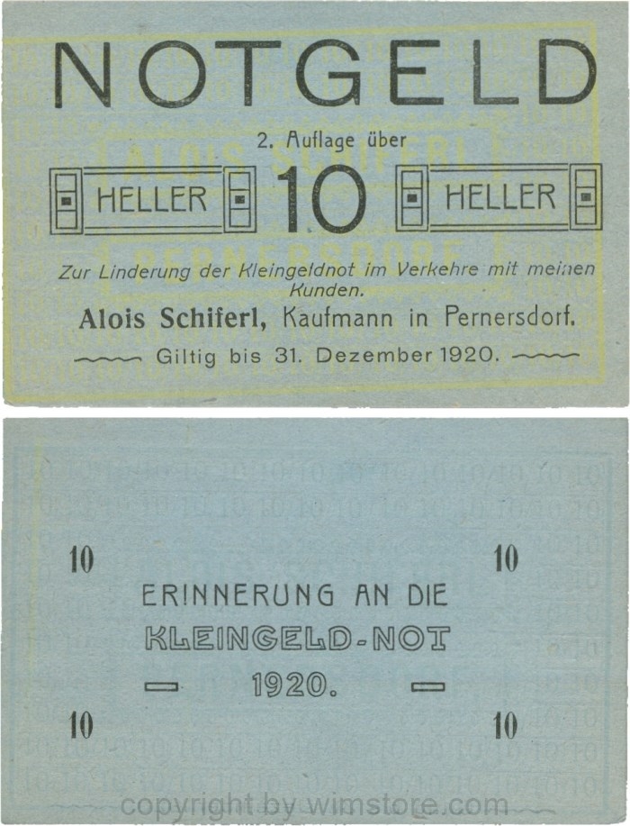 Pernersdorf, P0733IIb, Alois Schiferl, Kaufmann, das "d" in Pernersdorf ist schmal, 10 Heller; 1-