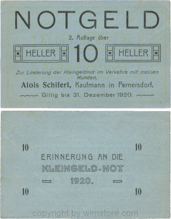 Pernersdorf, P0733IIb, Alois Schiferl, Kaufmann, das "d" in Pernersdorf ist schmal, 10 Heller; 2