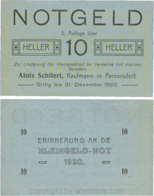 Pernersdorf, P0733IIb, Alois Schiferl, Kaufmann, das "d" in Pernersdorf ist schmal, 10 Heller; 2