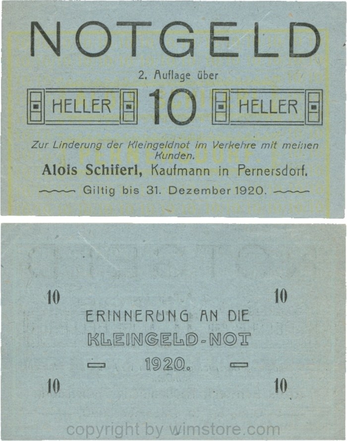 Pernersdorf, P0733IIb, Alois Schiferl, Kaufmann, das "d" in Pernersdorf ist schmal, 10 Heller; 2