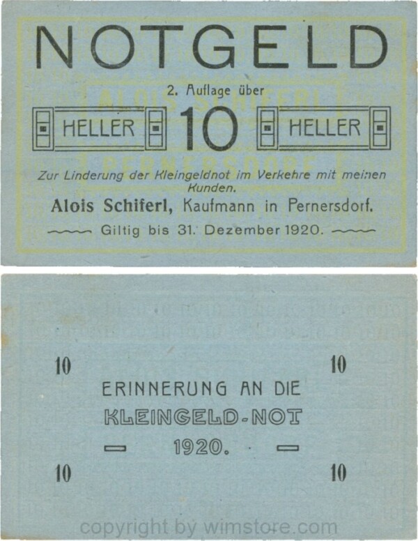 Pernersdorf, P0733IIb, Alois Schiferl, Kaufmann, das "d" in Pernersdorf ist schmal, 10 Heller; 2
