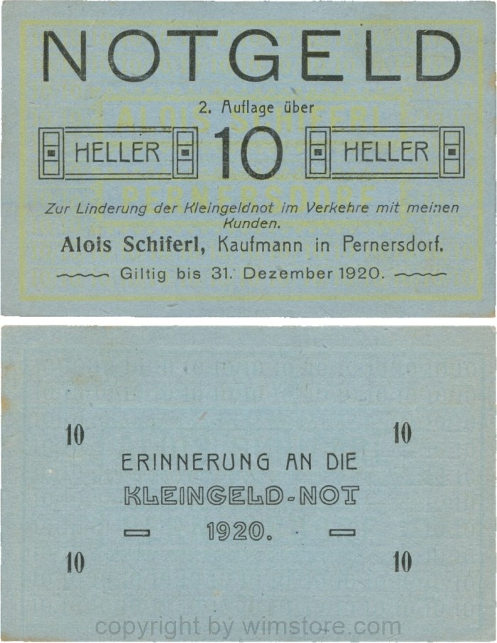 Pernersdorf, P0733IIb, Alois Schiferl, Kaufmann, das "d" in Pernersdorf ist schmal, 10 Heller; 2