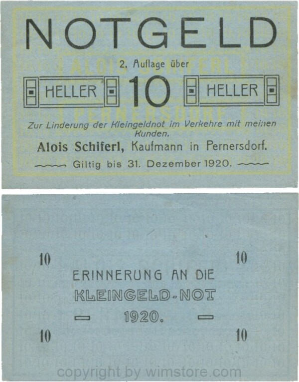 Pernersdorf, P0733IIb, Alois Schiferl, Kaufmann, das "d" in Pernersdorf ist schmal, 10 Heller; 2