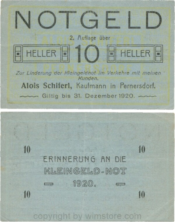 Pernersdorf, P0733IIb, Alois Schiferl, Kaufmann, das "d" in Pernersdorf ist schmal, 10 Heller; 3