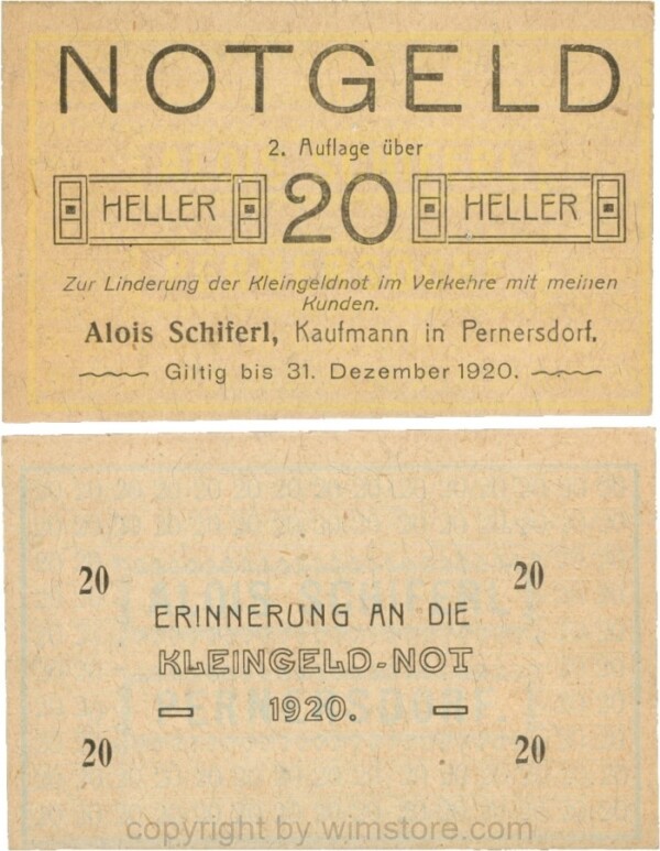 Pernersdorf, P0733IIb, Alois Schiferl, Kaufmann, das "d" in Pernersdorf ist schmal, 20 Heller; 1