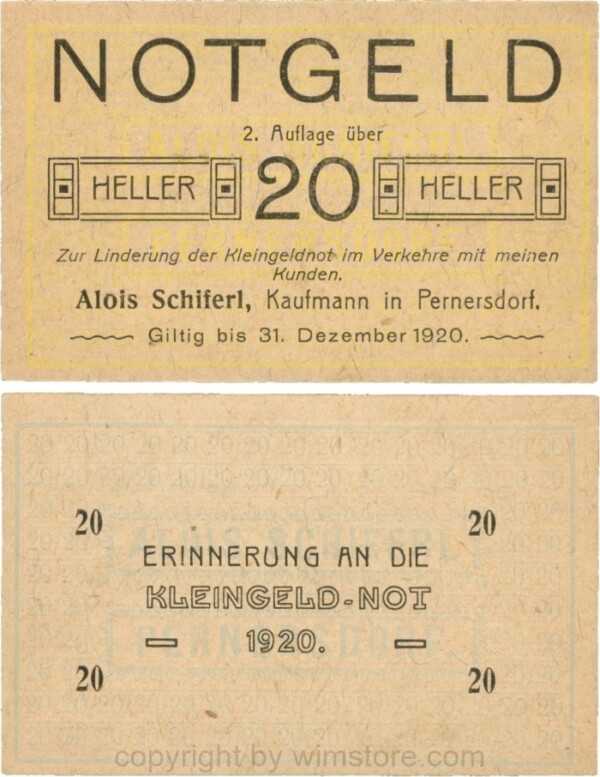 Pernersdorf, P0733IIb, Alois Schiferl, Kaufmann, das "d" in Pernersdorf ist schmal, 20 Heller; 1