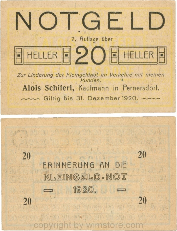 Pernersdorf, P0733IIb, Alois Schiferl, Kaufmann, das "d" in Pernersdorf ist schmal, 20 Heller; 1-