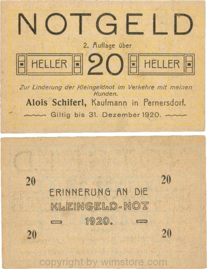 Pernersdorf, P0733IIb, Alois Schiferl, Kaufmann, das "d" in Pernersdorf ist schmal, 20 Heller; 1-