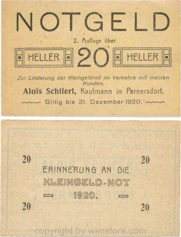 Pernersdorf, P0733IIb, Alois Schiferl, Kaufmann, das "d" in Pernersdorf ist schmal, 20 Heller; 1-