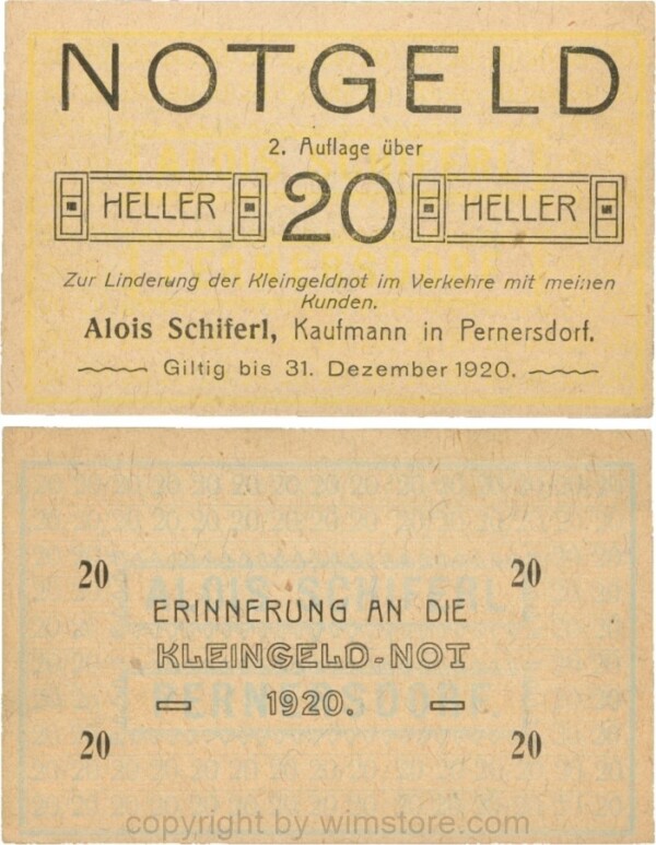 Pernersdorf, P0733IIb, Alois Schiferl, Kaufmann, das "d" in Pernersdorf ist schmal, 20 Heller; 1-