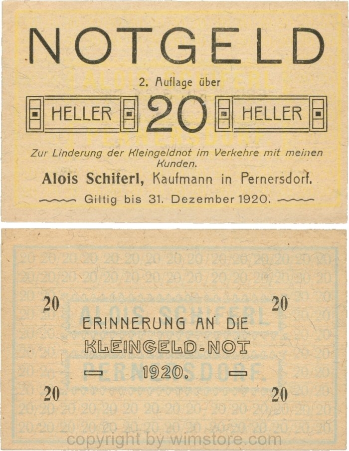Pernersdorf, P0733IIb, Alois Schiferl, Kaufmann, das "d" in Pernersdorf ist schmal, 20 Heller; 1-