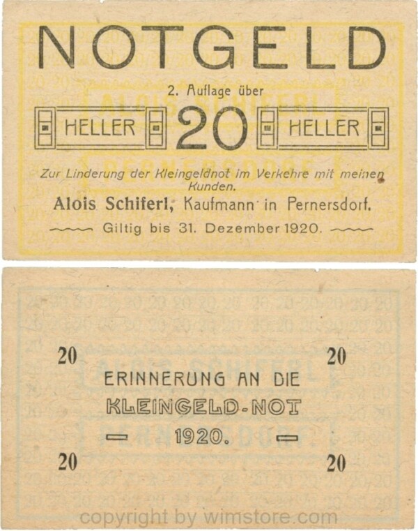 Pernersdorf, P0733IIb, Alois Schiferl, Kaufmann, das "d" in Pernersdorf ist schmal, 20 Heller; 1-