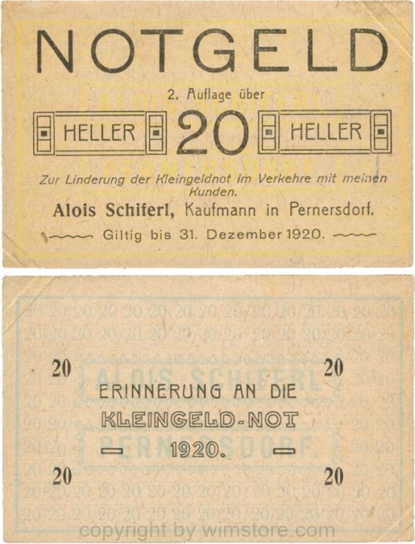 Pernersdorf, P0733IIb, Alois Schiferl, Kaufmann, das "d" in Pernersdorf ist schmal, 20 Heller; 2