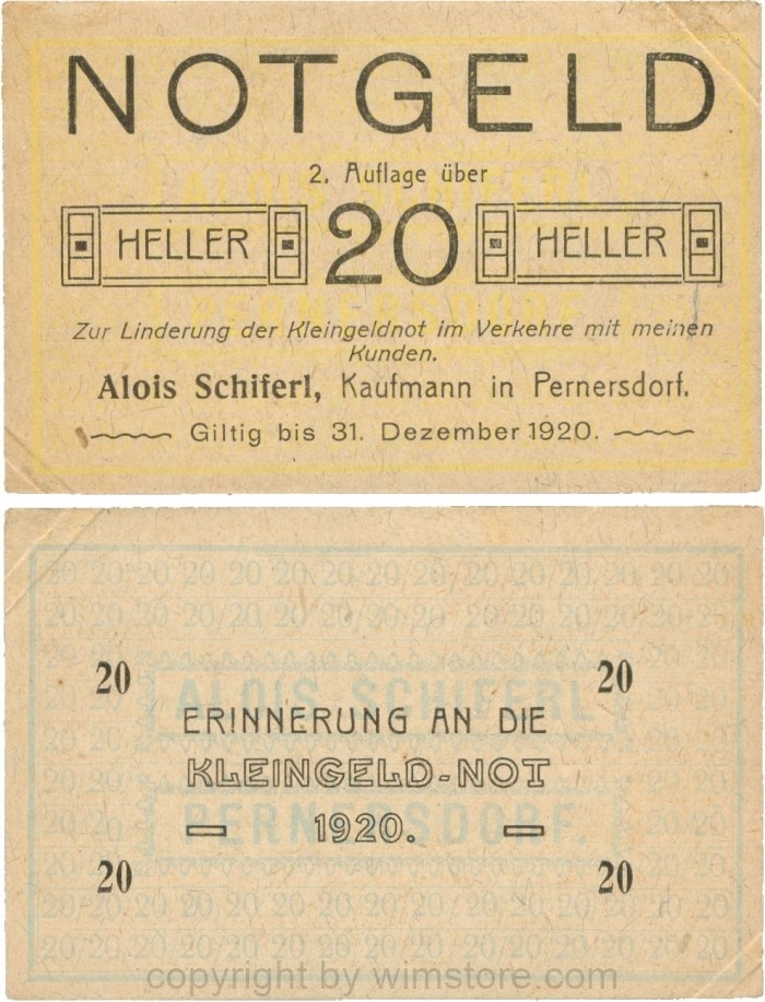 Pernersdorf, P0733IIb, Alois Schiferl, Kaufmann, das "d" in Pernersdorf ist schmal, 20 Heller; 2