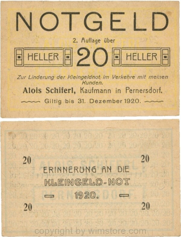 Pernersdorf, P0733IIb, Alois Schiferl, Kaufmann, das "d" in Pernersdorf ist schmal, 20 Heller; 2