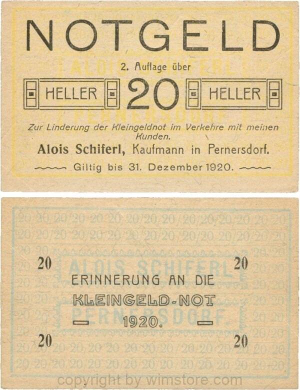 Pernersdorf, P0733IIb, Alois Schiferl, Kaufmann, das "d" in Pernersdorf ist schmal, 20 Heller; 2