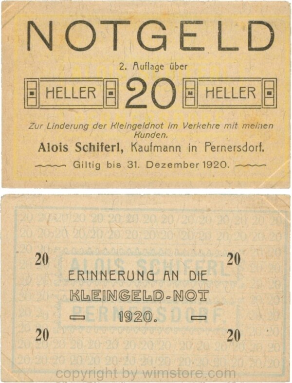 Pernersdorf, P0733IIb, Alois Schiferl, Kaufmann, das "d" in Pernersdorf ist schmal, 20 Heller; 2