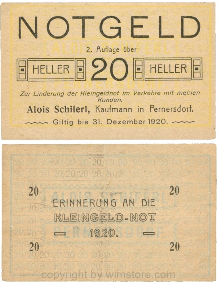 Pernersdorf, P0733IIb, Alois Schiferl, Kaufmann, das "d" in Pernersdorf ist schmal, 20 Heller; 3