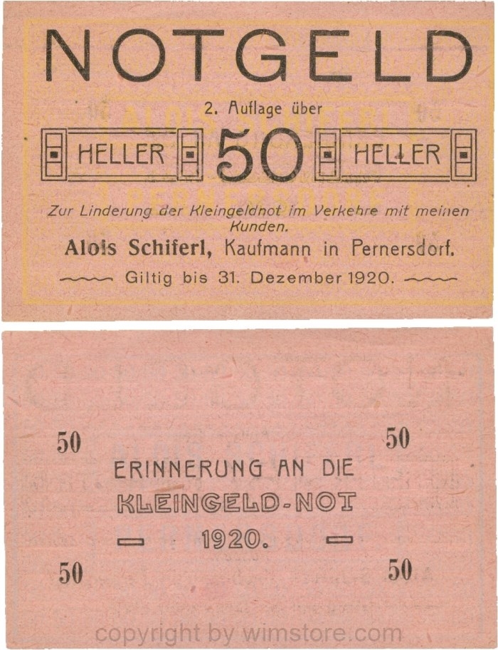 Pernersdorf, P0733IIb, Alois Schiferl, Kaufmann, das "d" in Pernersdorf ist schmal, 50 Heller; 1-