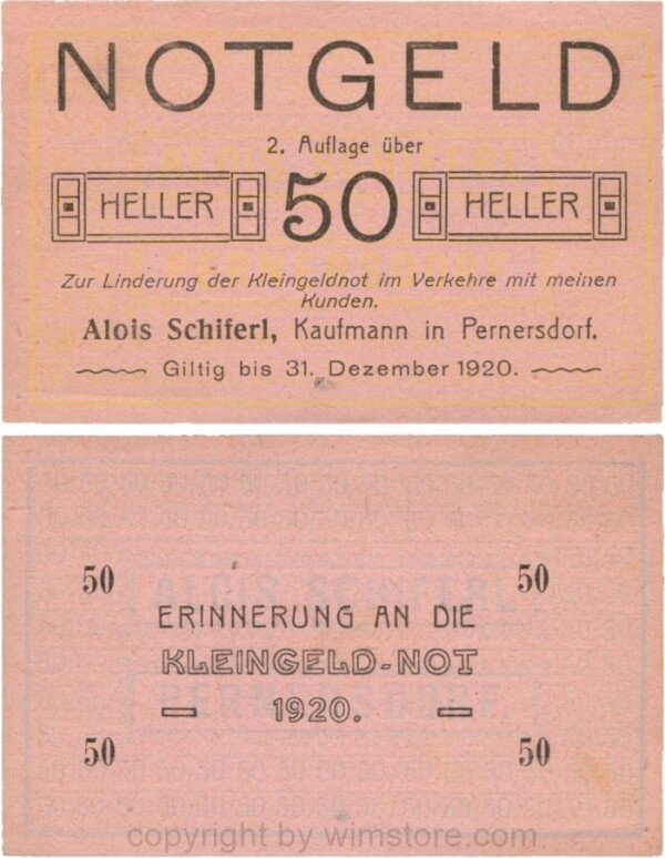 Pernersdorf, P0733IIb, Alois Schiferl, Kaufmann, das "d" in Pernersdorf ist schmal, 50 Heller; 1-