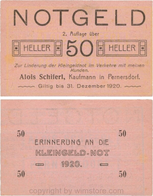 Pernersdorf, P0733IIb, Alois Schiferl, Kaufmann, das "d" in Pernersdorf ist schmal, 50 Heller; 2