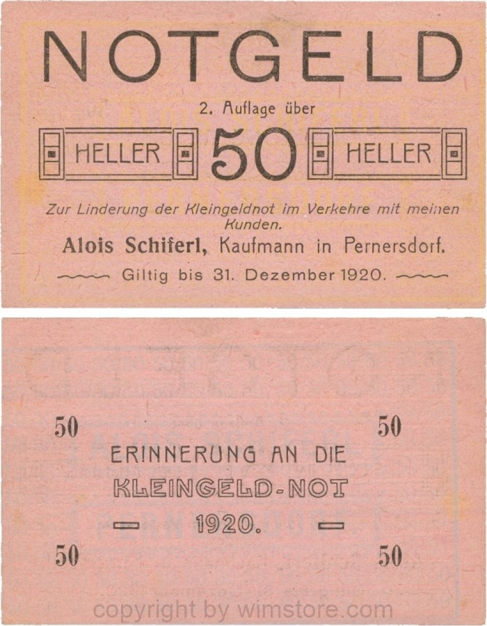 Pernersdorf, P0733IIb, Alois Schiferl, Kaufmann, das "d" in Pernersdorf ist schmal, 50 Heller; 2